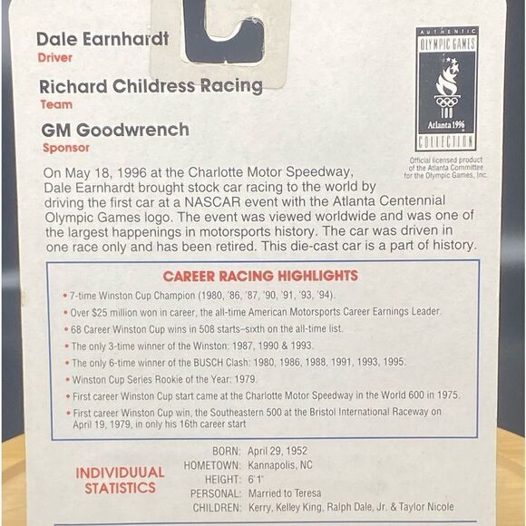 Vintage Dale Earnhardt #3 NASCAR scale car in mint NIOB w/Atlanta 1996 Olympic - Picture 6 of 9